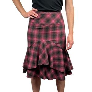 TRINA TURK TARTAN PLAID WOOL BLEND MERMAID RUFFLE TIERED SKIRT